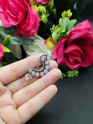 Stunning Oxidized Silver Marathi Nath Ethnic Stone Crafted Non-Piercing Nose Pin with Pearl Drops