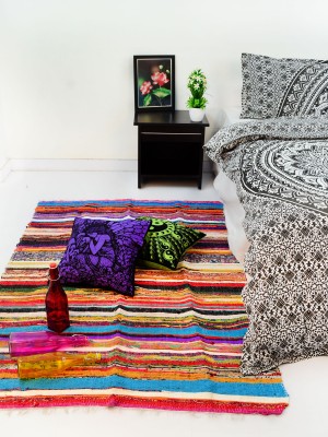 Multi Colored Bohemian Rag Rug Recycled Fabric Rajasthani Hand Woven Cotton Chindi Rugs 3.5' X 5.9' ft.