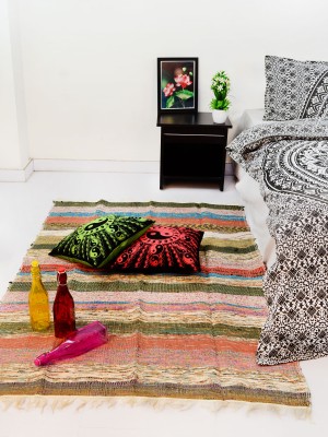 Multi Colored Bohemian Rag Rug Recycled Fabric Rajasthani Hand Woven Cotton Chindi Rugs 3.5' X 5.9' ft.