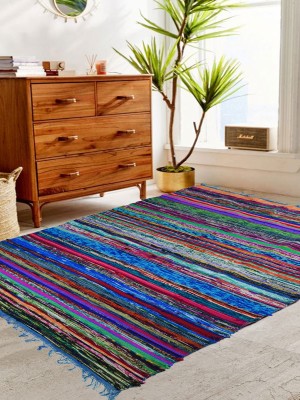 Handmade Boho Multi Chindi Rugs Recycled Fabric Rajasthani Hand Woven Reversible Cotton Rag Rug