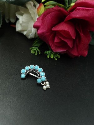 Ethnic Silver Oxidized Marathi Nath Stone Work Maharashtrian Non-Piercing Nose Pin with Pearl Drops