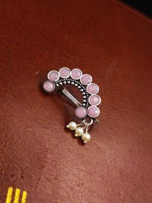 Ethnic Silver Oxidized Marathi Nath Stone Work Maharashtrian Non-Piercing Nose Pin with Pearl Drops