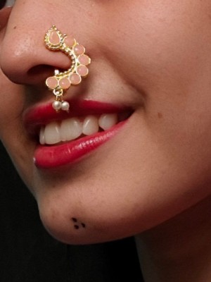 Ethnic Gold Plated Marathi Nath Stone Work Maharashtrian Non-Piercing Nose Pin with Pearl Drops