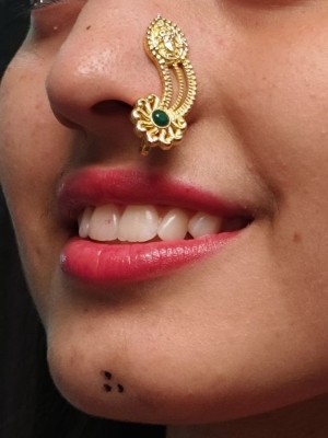 Traditional Gold Plated Marathi Nath Festival Special Stone Work Maharashtrian Non-Piercing Nose Pin
