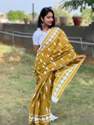 Mustard Yellow Jaipuri Bagru Printed Soft Pure Cotton Mulmul Saree Hand Block Printed with Blouse Piece