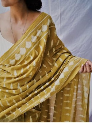 Mustard Yellow Jaipuri Bagru Printed Soft Pure Cotton Mulmul Saree Hand Block Printed with Blouse Piece