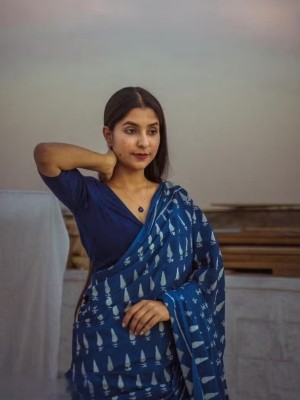 Indigo Blue Jaipuri Bagru Printed Soft Pure Cotton Mulmul Saree Hand Block Printed with Blouse Piece