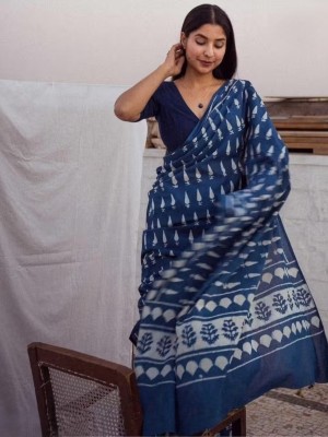 Indigo Blue Jaipuri Bagru Printed Soft Pure Cotton Mulmul Saree Hand Block Printed with Blouse Piece