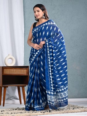 Indigo Blue Jaipuri Bagru Printed Soft Pure Cotton Mulmul Saree Hand Block Printed with Blouse Piece