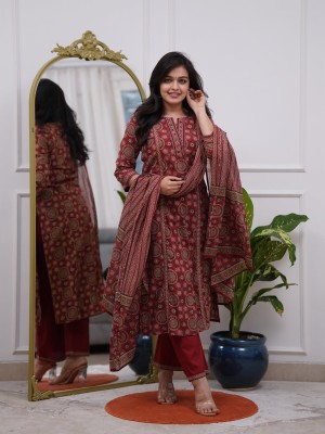Devika Maroon Embroidered Indian Straight Cotton Salwar Kameez Kurti Pant Dupatta Set for Women