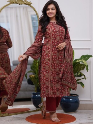 Devika Maroon Embroidered Indian Straight Cotton Salwar Kameez Kurti Pant Dupatta Set for Women