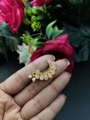 Elegant Gold Plated Marathi Ethnic Nath Stone Work Maharashtrian Non Piercing Nose Pin with Pearl Drops