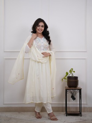 Roopali White Embroidered Anarkali Kurti Pant Dupatta Indian Cotton Gown Flared Salwar Kameez Dress - Set of 3