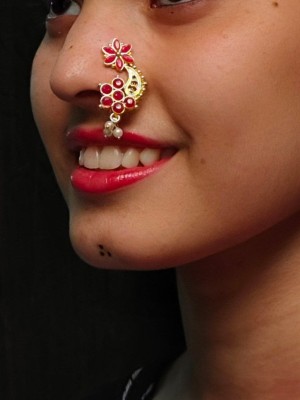 Ethnic Marathi Style Gold Plated Nose Pin Intricate Stone Crafted Maharashtrian Nath for Women