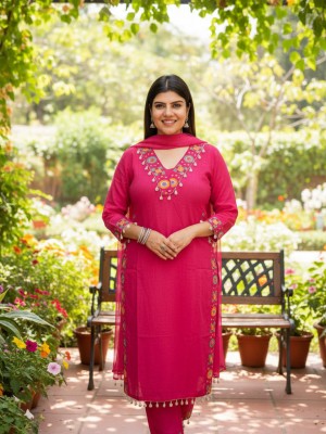 Pranita Rani Pink Embroidered Indian Straight Salwar Kameez Kurti Pant Dupatta Set for Women