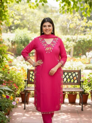 Pranita Rani Pink Embroidered Indian Straight Salwar Kameez Kurti Pant Dupatta Set for Women