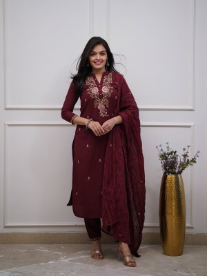 Tania Maroon Floral Embroidery Indian Straight Cotton Salwar Kameez Kurti Pant Dupatta Set for Women