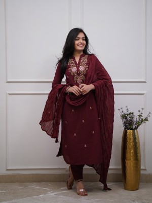 Tania Maroon Floral Embroidery Indian Straight Cotton Salwar Kameez Kurti Pant Dupatta Set for Women