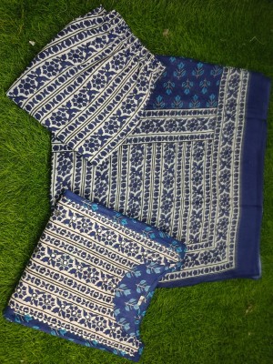 Sujatha Blue Floral Printed Straight Cotton Salwar Kameez Kurti Pant Dupatta Set for Women Elegant Indian Ethnic Wear Outfit