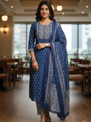 Sujatha Blue Floral Printed Straight Cotton Salwar Kameez Kurti Pant Dupatta Set for Women Elegant Indian Ethnic Wear Outfit