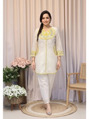 White Yellow Schiffli Cotton Co Ord Set Cotton Kurti Pant Readymade Embroidery Salwar Kameez