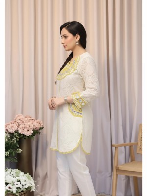 White Yellow Schiffli Cotton Co Ord Set Cotton Kurti Pant Readymade Embroidery Salwar Kameez