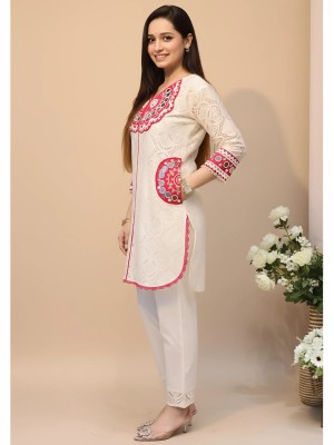 White Red Schiffli Cotton Co Ord Set Cotton Kurti Pant Readymade Embroidery Salwar Kameez