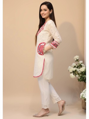 White Red Schiffli Cotton Co Ord Set Cotton Kurti Pant Readymade Embroidery Salwar Kameez