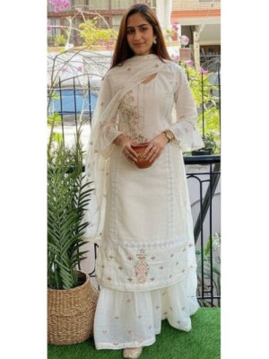 Ragini Readymade White Embroidered Cotton Kurti Sharara Dupatta Set Designer Salwar Kameez Suit Outfit