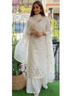 Ragini Readymade White Embroidered Cotton Kurti Sharara Dupatta Set Designer Salwar Kameez Suit Outfit