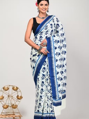 Jaipuri Bagru Batik Printed Saree Indigo Blue Hand Block Flower Printed Pure Cotton Mulmul Saree