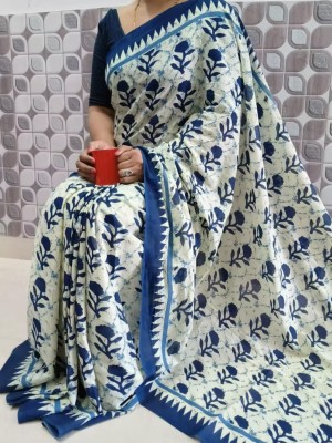 Jaipuri Bagru Batik Printed Saree Indigo Blue Hand Block Flower Printed Pure Cotton Mulmul Saree