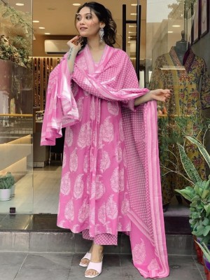 Pink Block Printed Anarkali Kurti Pant Dupatta Set Gown Salwar Kameez Outfil for Festival