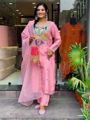Baby Pink Embroidered Straight Kurti Pant Dupatta Set Elegant Salwar Kameez for Women - Set of 3