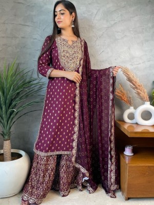 Wine Designer Kurti Sharara Dupatta Set Rayon Salwar Kameez Suit Wedding Partwear Indian Pakistani Outfit - Set of 3