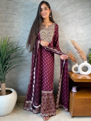 Wine Designer Kurti Sharara Dupatta Set Rayon Salwar Kameez Suit Wedding Partwear Indian Pakistani Outfit - Set of 3