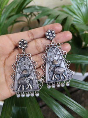 Antique Rustic Ethnic Earring Indian Elephant Dangler Brass Pearl Drops Designer Silver Oxidised Jewellery