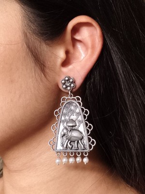 Antique Rustic Ethnic Earring Indian Elephant Dangler Brass Pearl Drops Designer Silver Oxidised Jewellery