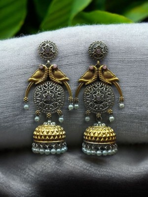 Gold & Silver Dual Tone Jhumka Set Beautiful Bird Parrot Designer Stone & Pearl Work Ethnic Indian Earrings