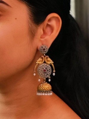 Gold & Silver Dual Tone Jhumka Set Beautiful Bird Parrot Designer Stone & Pearl Work Ethnic Indian Earrings
