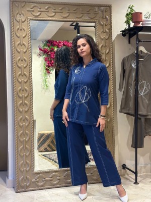 Navy Blue Classy Floral Embroidered Comfortable Co Ord Set for Women - Set of 2