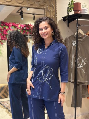 Navy Blue Classy Floral Embroidered Comfortable Co Ord Set for Women - Set of 2