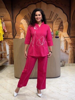 Pink Classy Floral Embroidered Comfortable Co Ord Set for Women - Set of 2