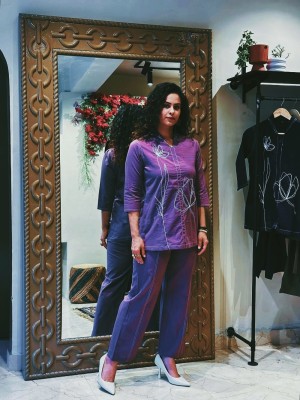 Purple Classy Floral Embroidered Comfortable Co Ord Set for Women - Set of 2