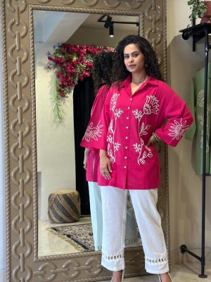 Pink Classy Floral Embroidered Comfortable Co Ord Set for Women -Set of 2