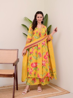 Yellow Lotus Print Anarkali Frock Style V-Neck Indian Pakistani Salwar Kameez Kurti Pant Dupatta Set