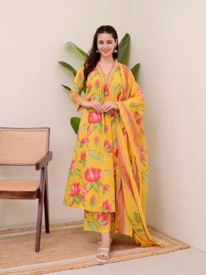 Yellow Lotus Print Anarkali Frock Style V-Neck Indian Pakistani Salwar Kameez Kurti Pant Dupatta Set