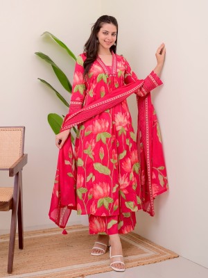 Red Lotus Print Anarkali Frock Style V-Neck Indian Pakistani Salwar Kameez Kurti Pant Dupatta Set