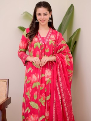 Red Lotus Print Anarkali Frock Style V-Neck Indian Pakistani Salwar Kameez Kurti Pant Dupatta Set