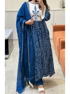 Dark Blue Printed Anarkali Frock Style Ethnic Indian Pakistani Salwar Kameez Kurti Pant Dupatta Set